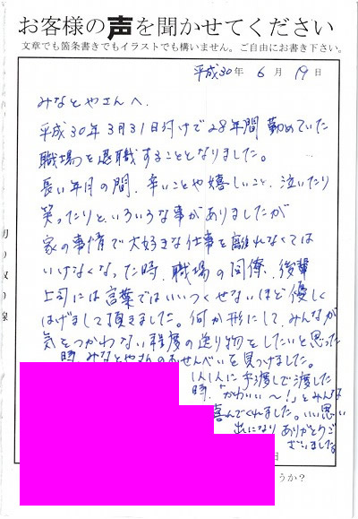 退職あいさつのお客様の声 ９８ 家族も 良い品買えたね と喜んでくれました みなとや