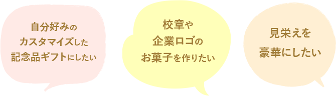 自分好みのカスタマイズした記念品ギフトにしたい。校章や企業ロゴのお菓子を作りたい。見栄えを豪華にしたい。