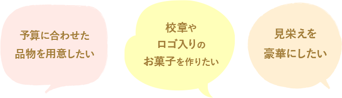 自分好みのカスタマイズした記念品ギフトにしたい。校章や企業ロゴのお菓子を作りたい。見栄えを豪華にしたい。